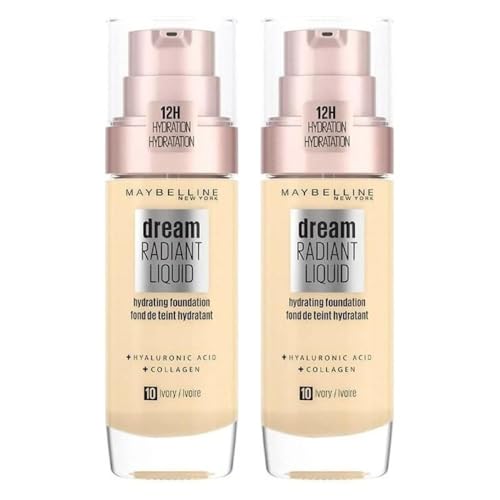 Image of Maybelline DOUBLE Foundation, Dream Radiant Liquid Foundation, Up To 12 Hour Hydration, Hydrating With Hyaluronic Acid, Maybelline New York, Shade: 10 Ivory