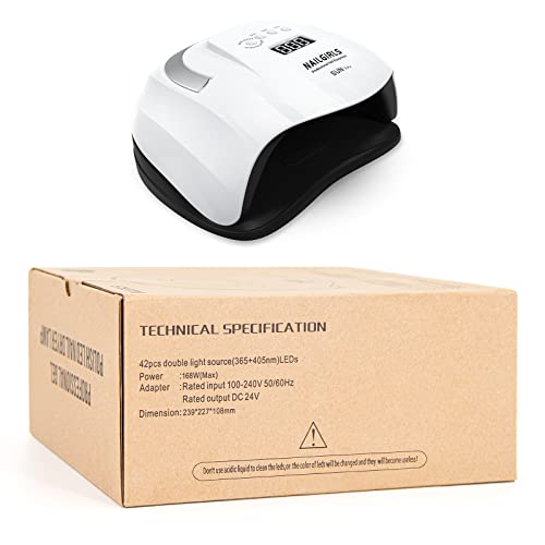 نيل جيرلز مصباح LED بالاشعة فوق البنفسجية 168 واط سريع بالاشعة فوق البنفسجية لطلاء الاظافر الجل ومعالجة احترافية مع 4 اعدادات مؤقت ومستشعر تلقائي، مجفف اظافر جل LED لاظافر اليدين والقدمين للاستخدام