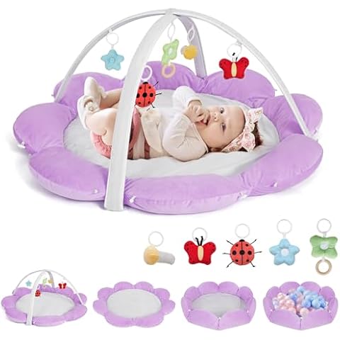Palopalo 5-in-1 Thick & Plush Baby Play Gym with 5 Toys, Convertible Tummy Time Activity Mat for Stage-Based Sensory and Motor Skill Development, Baby Gym Ball Pit, Newborn Baby Essentials (Purple) Cover