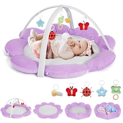 Image of Palopalo 5-in-1 Thick & Plush Baby Play Gym with 5 Toys, Convertible Tummy Time Activity Mat for Stage-Based Sensory and Motor Skill Development, Baby Gym Ball Pit, Newborn Essentials (Purple)