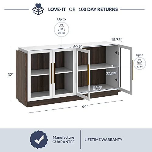 Belleze Sideboard Buffet Cabinet, Modern Wood Glass-Buffet-Sideboard With Storage, Console Table For Kitchen, Dinning Room, Living Room, Hallway, Or Entrance - Brixston (White) #TOP1