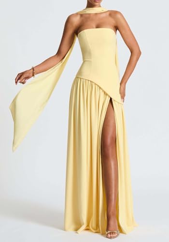 Image of Women's Elegant Strapless Long Dress with Scarf Cocktail Wedding Guest Prom Maxi Dresses with Slit