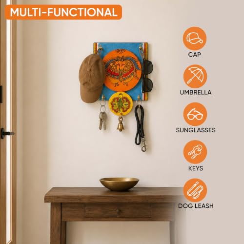 Image of AAKRITI ART CREATIONS Key Holder, Handcrafted Madhubani Key Hanger | Rustic Wood Wall Organizer with 4 Hooks | New Home Gifts | Multifunctional Entryway Decor Item