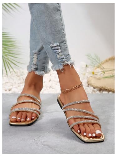 OYOANGLE Women's Rhinestone Flat Sandals Strappy Slip on Open Toe Slide Sandals Squared Slippers3