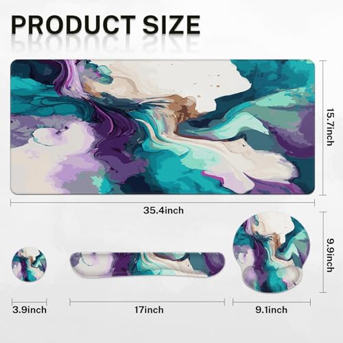 Britimes Keyboard Mouse Pad Set 4in1 Large Mousepad+Keyboard Wrist Rest+Mouse Wrist Rest+Coaster Set with Ergonomic Design for Home Office Computer 35.4x15.7Inches(Teal and Purple Liquid Marbling) - Thumbnail 3