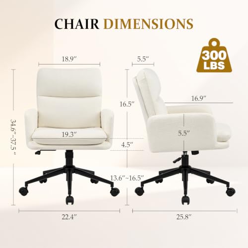 Image of Home Office Chair with Plush Curved Back Support, Wide Seat Computer Desk Chair with Rolling Wheels, Swivel Tilt & Height Adjustable, Soft Fabric Upholstery with Sturdy Metal Base, Ivory white