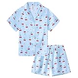 Ewbob Girls Silk Satin Pyjamas Set Short Sleeve Button-Down Kids PJs Breathable Soft Nightwear Children Sleepwear Age 5-14(C9-003)-Blue Cherry-11-12Y