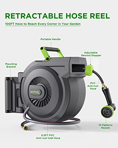 Mytol Retractable Garden Hose Reel, 1/2 Inch X 100 Ft + 6 Ft Wall Mount Hose Reel With Automatic Slow Rewind System, Any Length Lock, 10 Patterns Hose Nozzle, 180°Swivel Bracket, For Garden Watering #TOP1