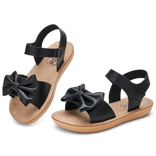 Trary Black Toddler Girls Sandals with Cute Bowknot Lightweight PU Summer Sandals for Kids Beach Walking Adjustable Strap Open Toe Shoes Toddler Size 7