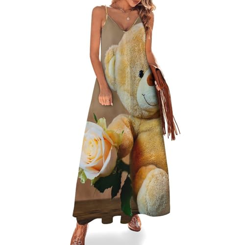 Robe maxi col v ours de dessin animé robe d'été sans manches