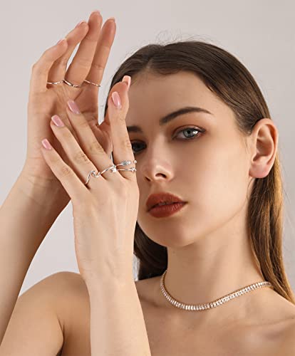 FUNEIA 8PCS Adjustable Rings for Women, Silver Stackable Knuckle Rings for Women, Arrow Knot Wave Open Stacking Dainty Thumb Rings Set2
