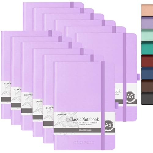 quipreco 12Pack Hardcover Lined Journal Notebook, A5 192 Pages 100Gsm Paper College ruled for School,Work,Travel,and Daily Planning，5.7''*8.3'',Lavender