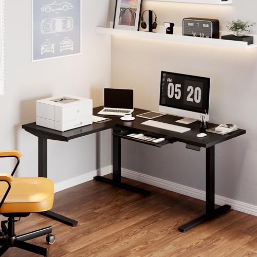 Image of FLEXISPOT L Shaped Standing Desk, 63 x 47 Inch Electric Height Adjustable Corner Desk, Sit Stand Computer Workstation, Preset Controller, Home Office, Black Frame with Black Top, Black Drawer