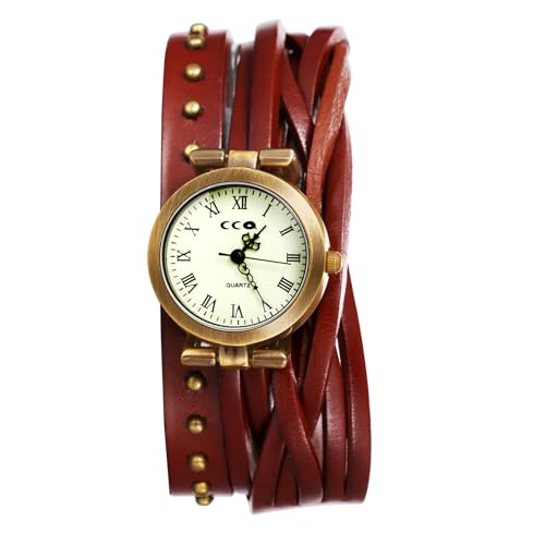 JewelryWe Montre Femme Cuir Vintage: Montre Fantaisie Analogique Quartz avec Bracelet en Cuir à Double Rang et Rivets, Cadran avec Chiffres Romains - Cadeau...