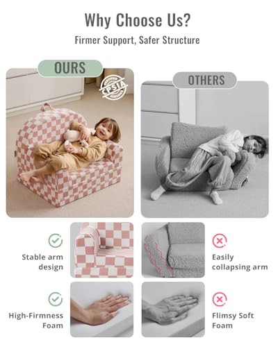 Image of Blissful Diary Kids Couch, 2-in-1 Comfy Kids Chair for Reading, Playroom, Kids Couch Sofa for Girls Boys Birthday Gift, Blush Checkered