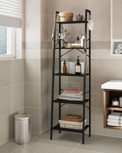 Image of Hzuaneri 5-Tier Ladder Shelf, Bookshelf Bookcase, Freestanding Corner Storage Shelve with 2 Hooks for Home Office, Living Room, Kitchen, Bedroom, Industrial, Black BC19204B