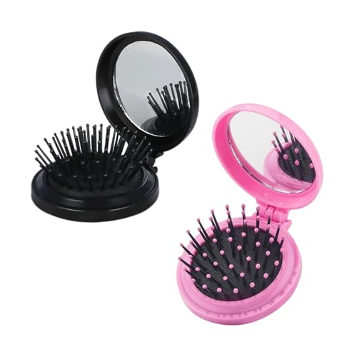 2 spazzole per capelli pieghevoli, spazzola per capelli tonda con specchio, spazzola per capelli da viaggio portatile, mini pennello da trucco per ragazze, adatto per viaggi e serate (rosa + nero)