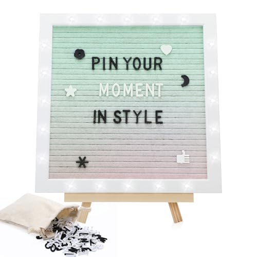 LED Gradient Felt Letter Board Sign Lights - 10in × 10in Changeable Message Board with 450 Letters Wood Stand for Halloween Birthday Gifts Baby Showers Wedding Party Decor