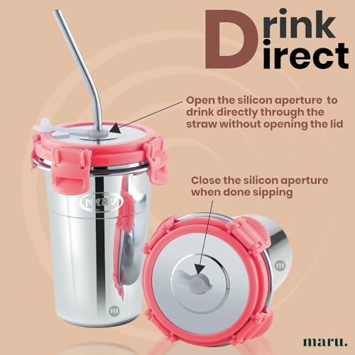 Image of MARU Stainless Steel Tumbler 400ml with Lid, Reusable Straw & Cleaning Brush - Durable, Leakproof & Portable Sippy Cup Ideal for Travel, Office & Home (Pink)