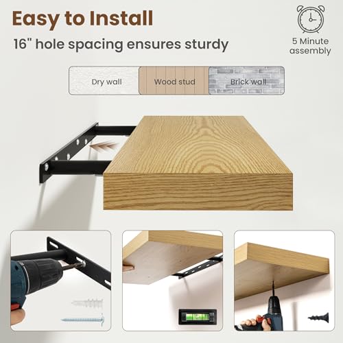 Image of Axeman Square Floating Shelves for Wall, 8 inch W x 8 inch D x 1.4 inch H Rustic Wooden Wall Shelves, 4 Pack Wall Mounted Floating Shelf with Invisible Brackets for Living Room, Bathroom, Kitchen, Oak Color