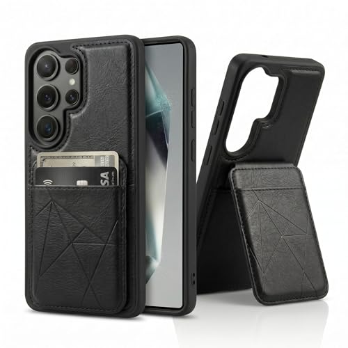 Image of amazon basics Premium Vegan Leather Back Cover with Card Holder and Integrated Mobile Stand for Samsung Galaxy S26 Ultra 5G - Slim Shockproof Wallet Case with Geometric Stitching [Black]