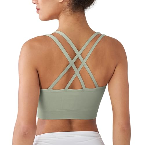 Image of WOYYHO Cross Back Sports Bra for Women Padded Medium Support Workout Bra | 3 Pack, Strappy, Removable Pads, Soft, Spaghetti Strap, Moisture-Wicking, Seamless, for Athletic Yoga Gym Fitness Daily
