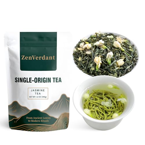 Image of ZenVerdant Jasmine Green Tea, 12 Oz, 100+ Cups - Real Jasmine Flowers | Not Artificial Flavoring Naturally Low in Caffeine Floral & Fragrant Perfect for Relaxation & Evening Tea