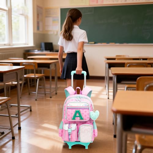 Image of Meetbelify Pink Backpack with Wheels for Girls Rolling Letter Backpack Cute Carry on Backpack Kids Luggage with Lunch Box Pencil Case for Elementary Student