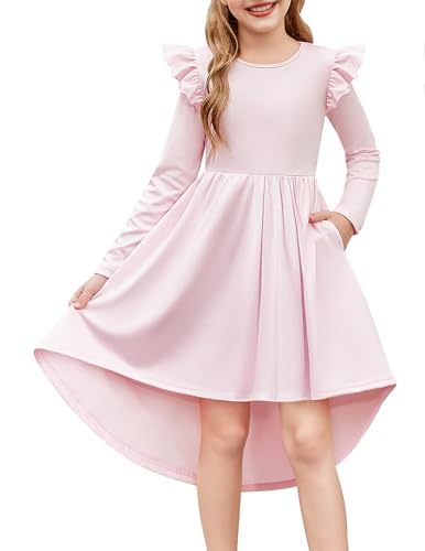 Arshiner Girls Dresses Ruffle Long Sleeve High Low Flowy Swing Casual Party Dresses with Pockets for 5-12 Y