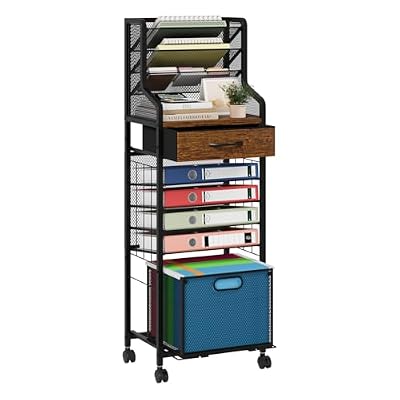 SWTYMIKI 10-Tier Rolling File Cart - Mesh Paper Organizer with Drawer & Hanging File Folders on Lockable Wheels, Rolling File Cabinet for Office Organization, Storage in Home, Studio, School, Espresso