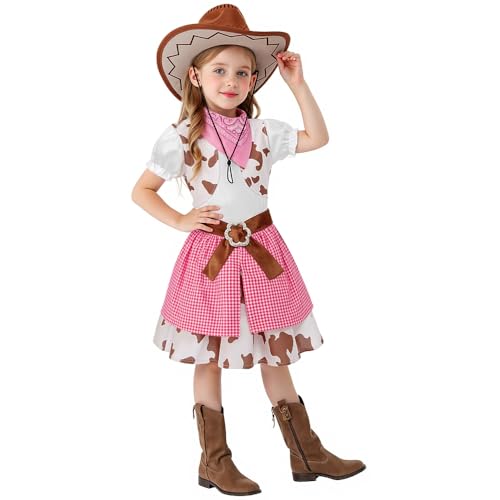 La Mejor Lista de Vaqueros para Niña comprados en linea. 41 SIZGAROOT - Disfraz de vaquera para niñas con sombrero, fiesta de Halloween (rosa, 5-6 años)
