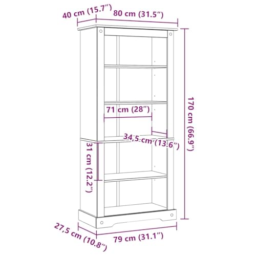 Librería de pino de 80x40x170 cm marrón con 5 compartimentos de estilo rústico 4