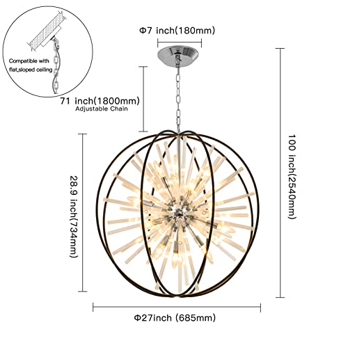 Vezzio 12-Light Black Crystal Sputnik Chandelier D27 Globe Modern Firework Ceiling Light Fixture for High Ceiling Foyer Entryway Stairway Dining Room Kitchen Island Bedroom