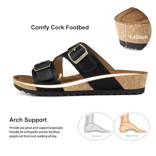 Image of SHIBEVER Comfortable Slides Sandals for Women: Wedge Adjustable Buckle Slip on Slide - Arch Support Open Toe Woman Sandal