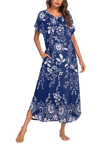 Image of Ekouaer Long Nightgown Women's Loungewear Short Sleeve Sleepwear Full Length Sleep Shirt with Pockets