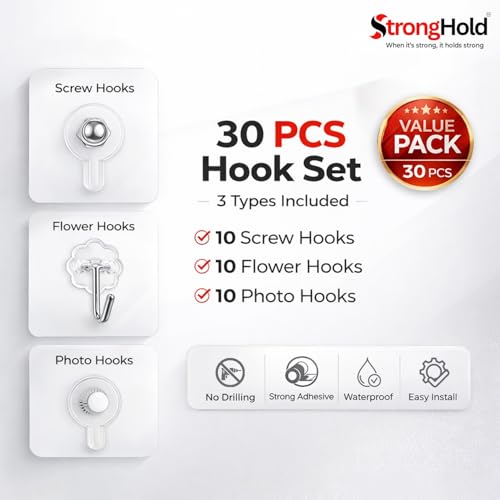 Image of StrongHold Self Adhesive Wall Hooks Value Pack of 30 for Wall Decor and Wall Hanging Decoration, Transparent Adhesive Wall Hook Set and Kitchen Accessories Items for Home