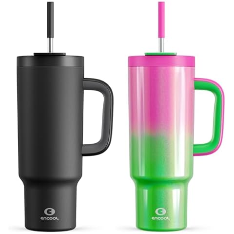 ENCOOL 2 Pack 40 oz Tumbler with Handle and Straw, 100% Leakproof Insulated Tumbler with Lid and Straw, Stainless Steel coffee mug, Keeps Cold for 34 Hours, Cup Holder Friendly (Midnight & Fuchsia) Cover