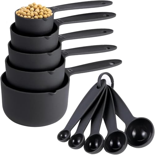 ALMEKAQUZ 10PCS Measuring Spoon Measuring Cups Stackable Cups and Spoons Nesting Measuring Cup Set Bisphenol a (Bpa)-Free For Kitchen Cooking and Baking Gadgets (Black)