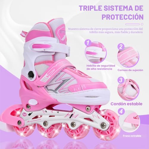 Miniatura 4 de Duzskj Patines En Línea Ajustables Para Niños Y Niñas Con Ruedas De Iluminación, Patines Ajustables Para Niños, Para Principiantes, Niños, Juegos Al Aire Libre En Interiores Rosa Blanco, M