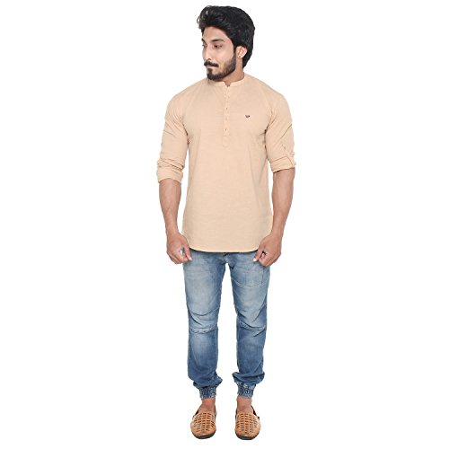 Image of Men's Linen Chinese Collar Full Sleeve Plus Size Short Kurta