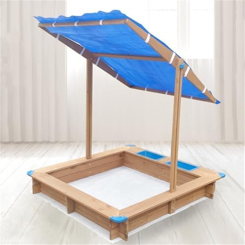 Soild Wooden Sandbox, Large Sandbox with Cover and Canopy, Height Adjustable Outdoor Sand Pit, Sand Pit for Backyard Play, Large Sand Box Suitable for Multiple People