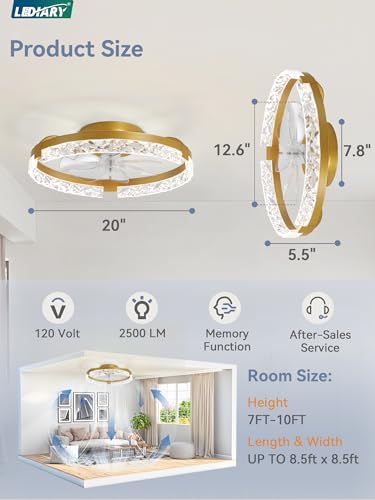 Image of LEDIARY 2-Pack 20 inch Ceiling Fans with Lights, APP & Remote, Gold