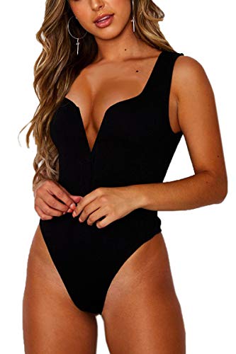 CHYRII Bodysuit for Women Sleeveless V-Neck Sexy Snap Crotch Thong Leotard Black M -7018
