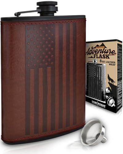 American Flag Leather Hip Flask - 8 Ounce, 304 Food Grade Stainless Steel for Liquor - Bourbon Gifts for Men | American Patriot Flag Design | Funnel (USA Brown Leather Wrap with Black Flask)