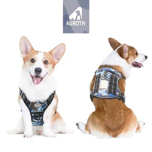 Image of Auroth Tactical Dog Training Harness No Pulling Front Clip Leash Adhesion Reflective K9 Pet Working Vest Easy Control for Small Medium Large Dogs Blue Camo M