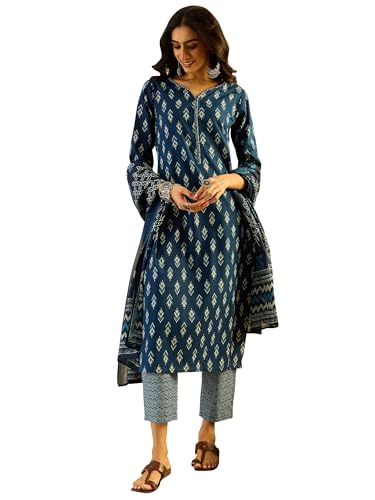 Image of INDO ERA Women's Pure Cotton Printed Kurta Pant with Dupatta Set