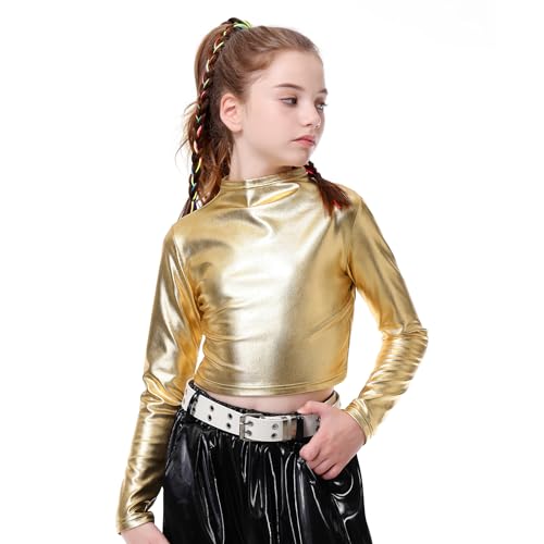 LOLANTA Metallic cropped top för flickor, halv polotröja, gnistrande danströja för hiphop, diskotek, scen och fest, 6–12 år, Guld, 6-7 år