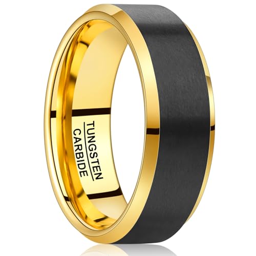 NUNCAD 8mm Tungsten Ring for Men, Black and 14K Gold Mens Wedding Band Matte Brush Finish, Beveled Polished Edge, Comfort Fit, Size 7-12