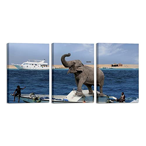 Tableau éléphant mer bleu prêt à accrocher | Solution murs vides 3 pièces