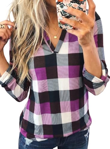 Image of Dokotoo Womens Tops Plaid Cotton Cuffed 3 /4 Sleeve Shirts Blouses
